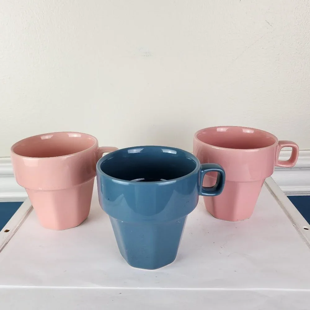 Set of Three Pier 1 Flower Pot Stoneware Stackable Coffee Mugs